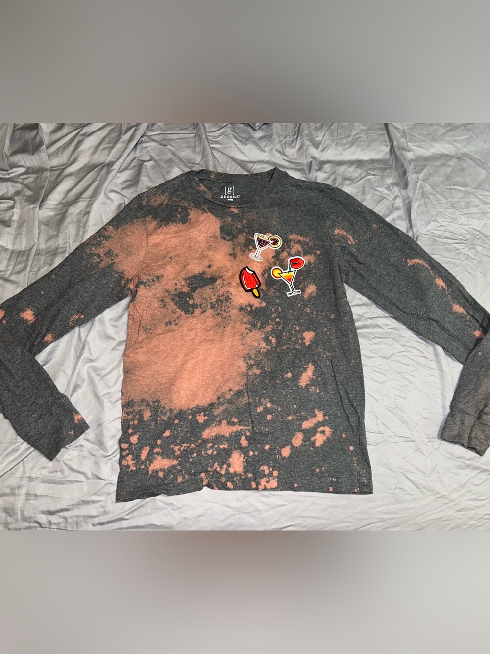Women's Size Small Gray and Bleached Long Sleeve Shirt with Fun Patches